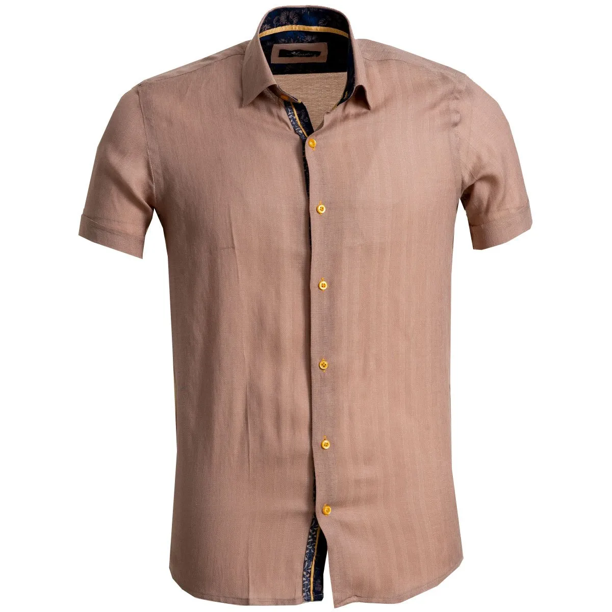 Solid Light Brown Mens Short Sleeve Button up Shirts - Tailored Slim Fit Cotton Dress Shirts