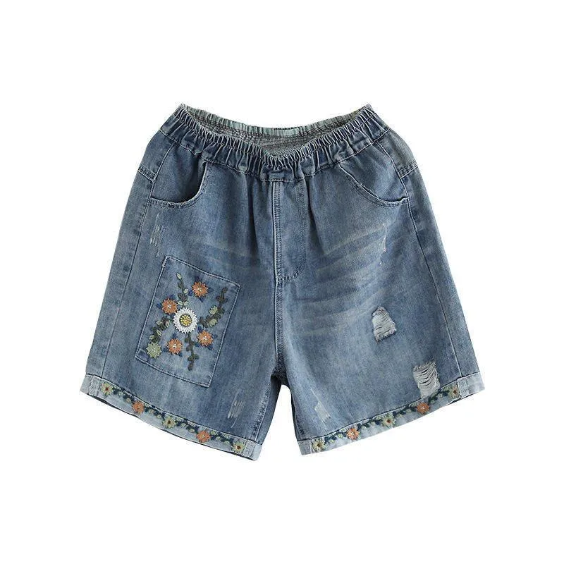 Summer Floral Embroidery High Waist Wide Leg Denim Shorts