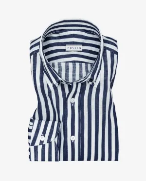 Tessuti Camicie Stampati Pure Linen White with Bold Blue Stripe