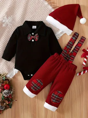 Toddler Baby Boys Bow Tie Long Sleeve Romper   Waffle Splicing Bib Pants   Hat 3pcs Cute Outdoor Set Party Christmas Outfit