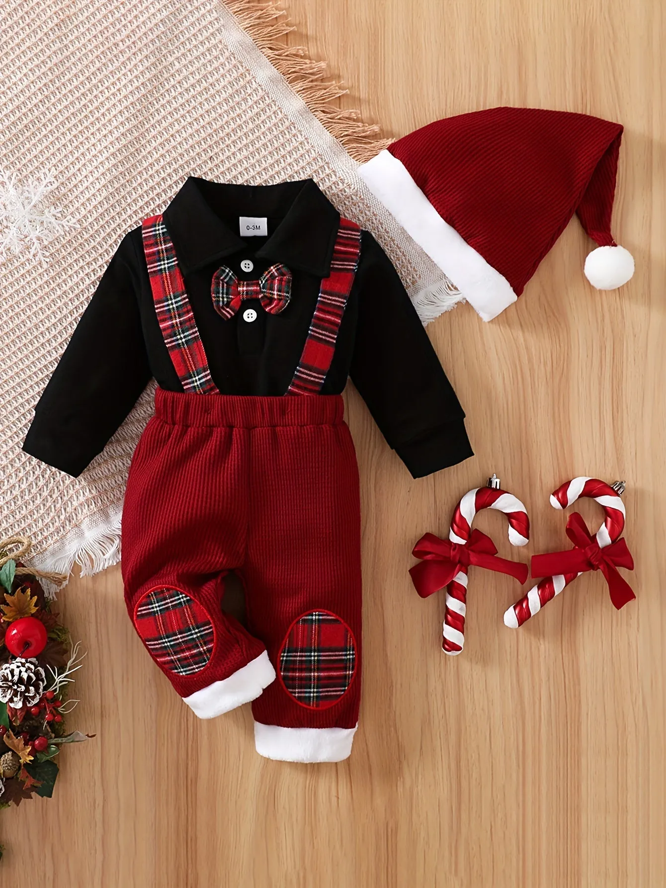 Toddler Baby Boys Bow Tie Long Sleeve Romper   Waffle Splicing Bib Pants   Hat 3pcs Cute Outdoor Set Party Christmas Outfit