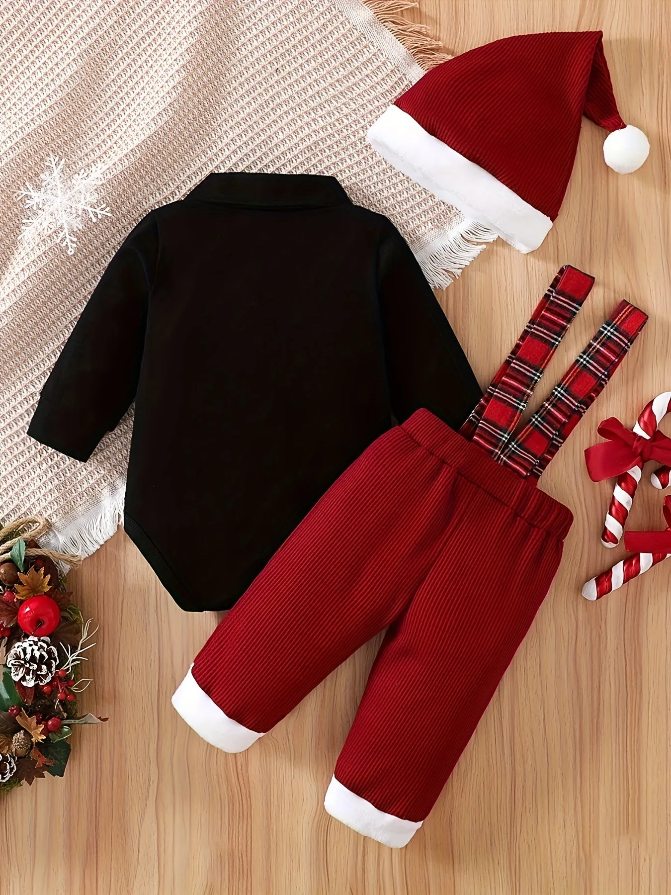 Toddler Baby Boys Bow Tie Long Sleeve Romper   Waffle Splicing Bib Pants   Hat 3pcs Cute Outdoor Set Party Christmas Outfit