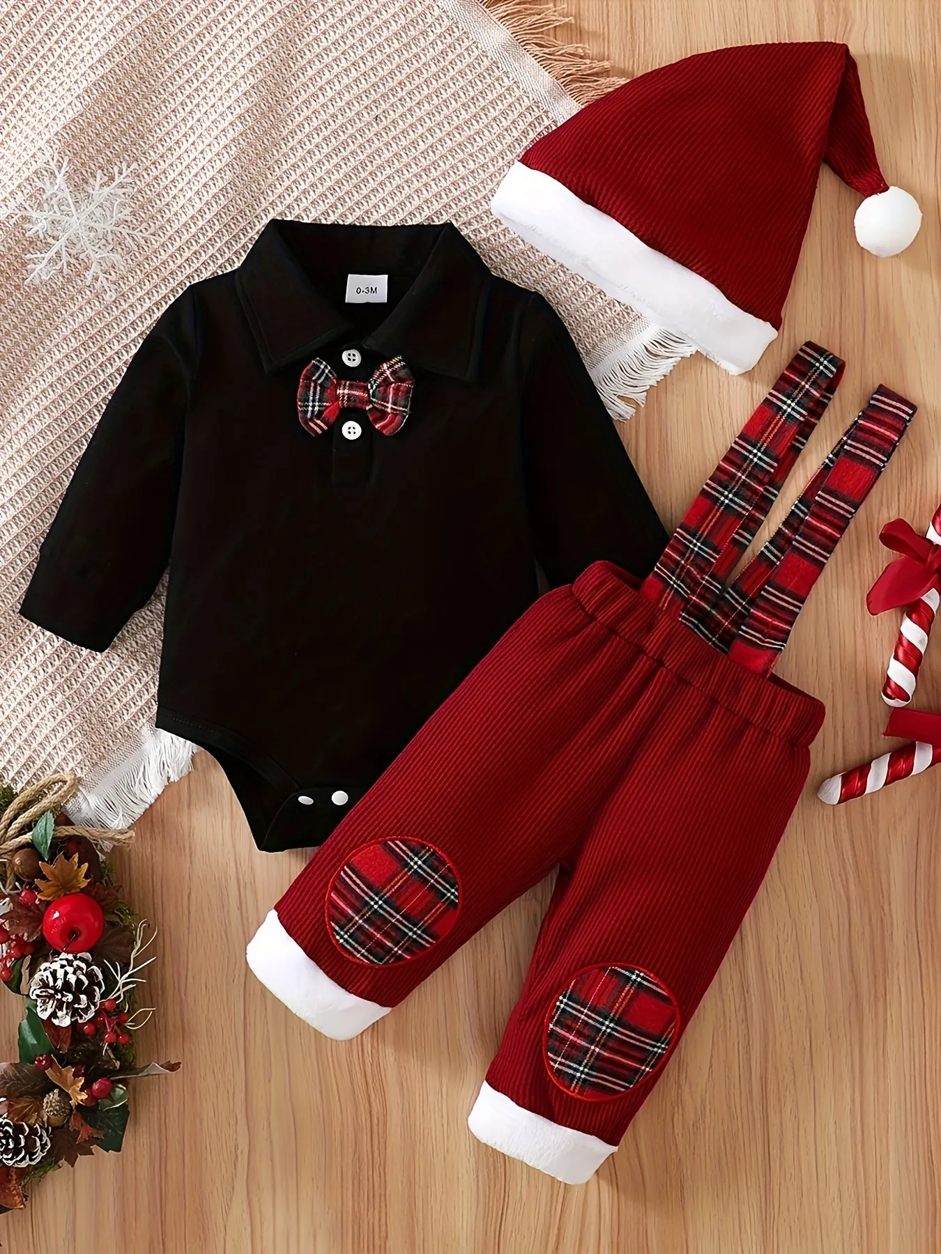 Toddler Baby Boys Bow Tie Long Sleeve Romper   Waffle Splicing Bib Pants   Hat 3pcs Cute Outdoor Set Party Christmas Outfit