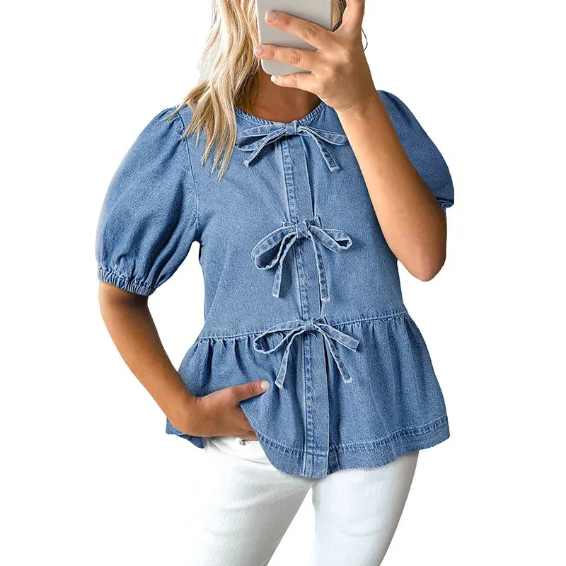 Women's Blouse Short Sleeve Blouses Casual Bow Knot