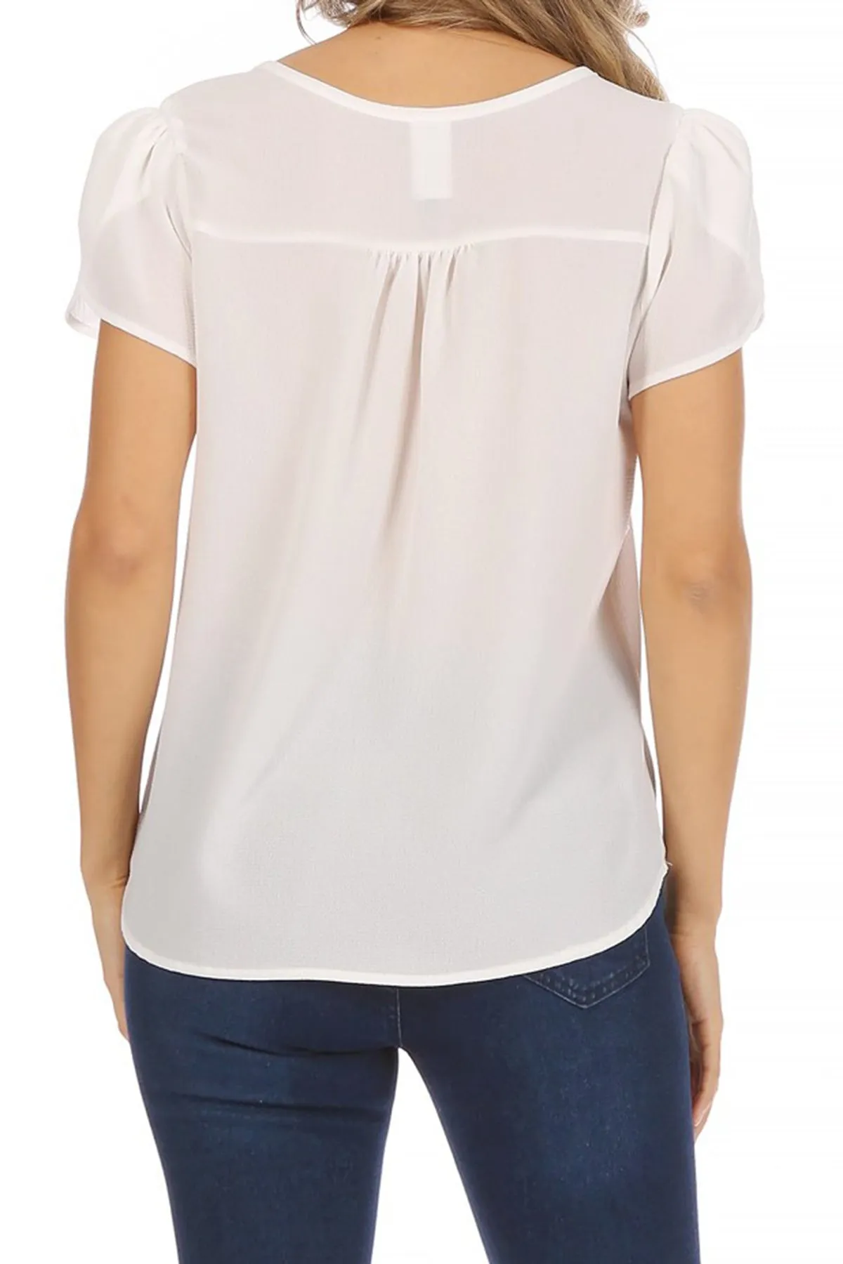 Women's Casual Solid Petal Sleeve Ribbon Tie Round Neck Key Hole Blouse Top