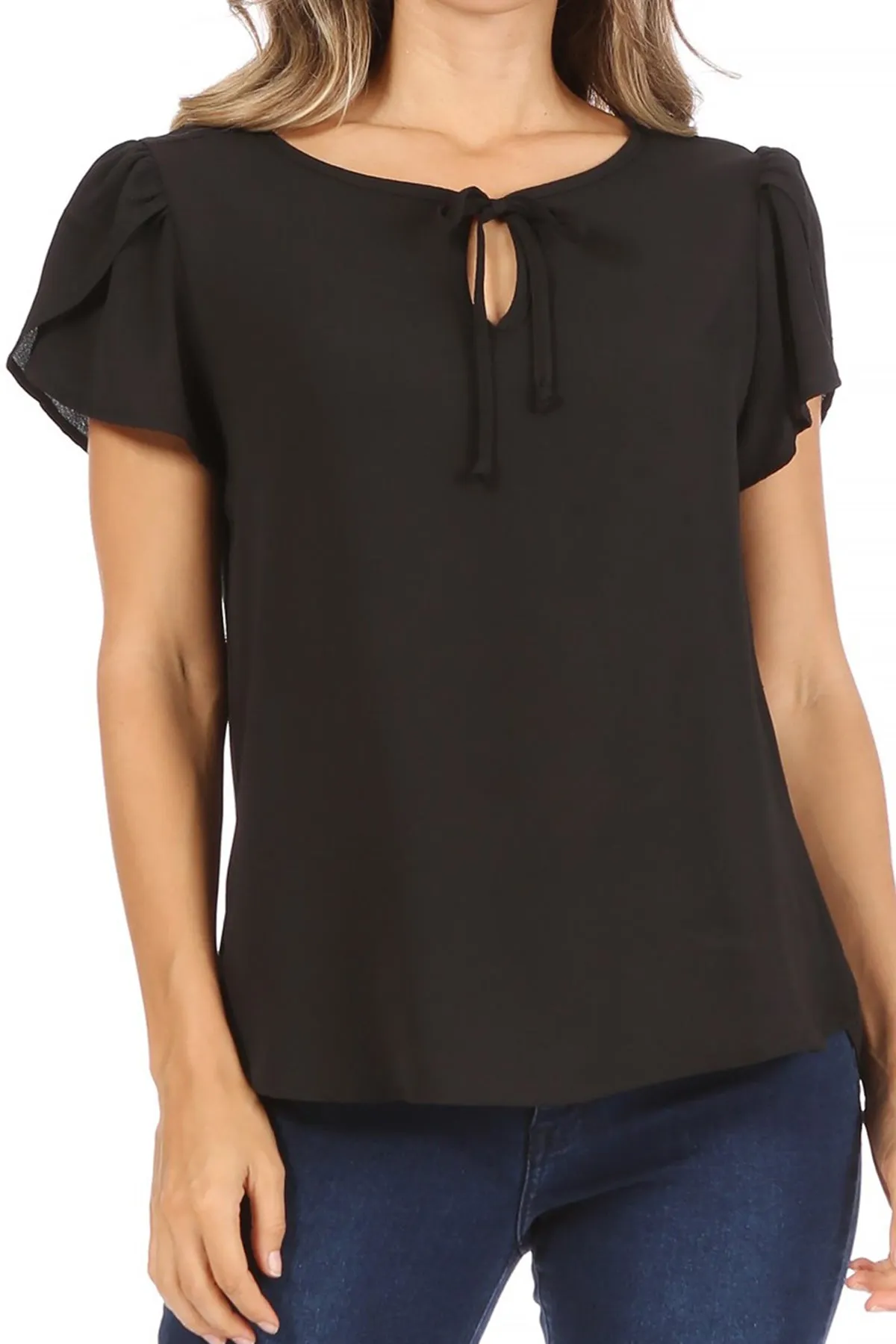 Women's Casual Solid Petal Sleeve Ribbon Tie Round Neck Key Hole Blouse Top
