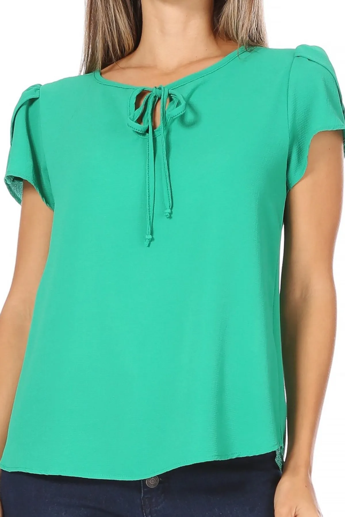 Women's Casual Solid Petal Sleeve Ribbon Tie Round Neck Key Hole Blouse Top