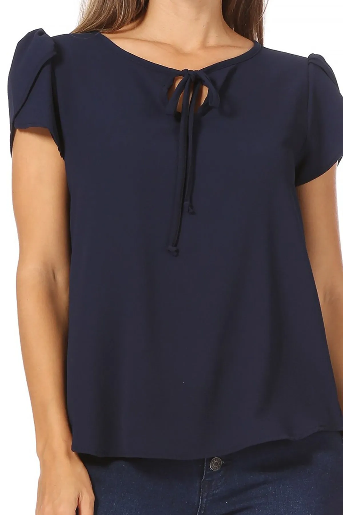 Women's Casual Solid Petal Sleeve Ribbon Tie Round Neck Key Hole Blouse Top