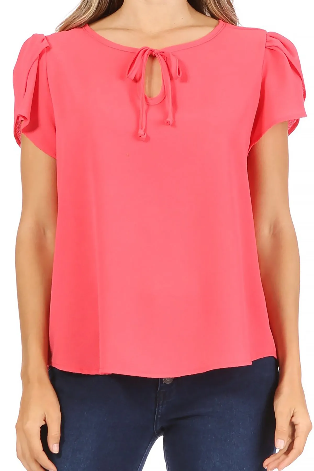 Women's Casual Solid Petal Sleeve Ribbon Tie Round Neck Key Hole Blouse Top