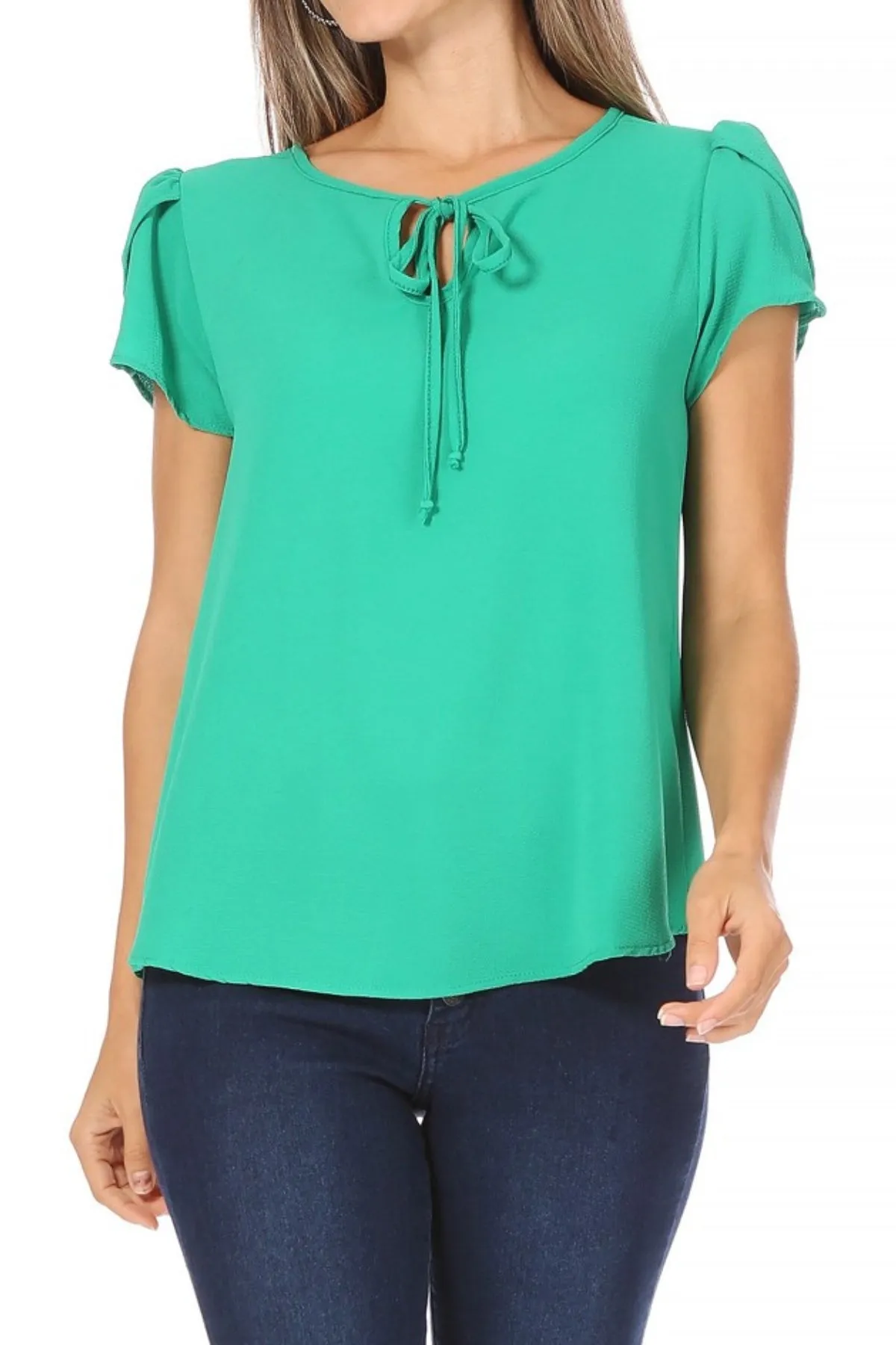 Women's Casual Solid Petal Sleeve Ribbon Tie Round Neck Key Hole Blouse Top