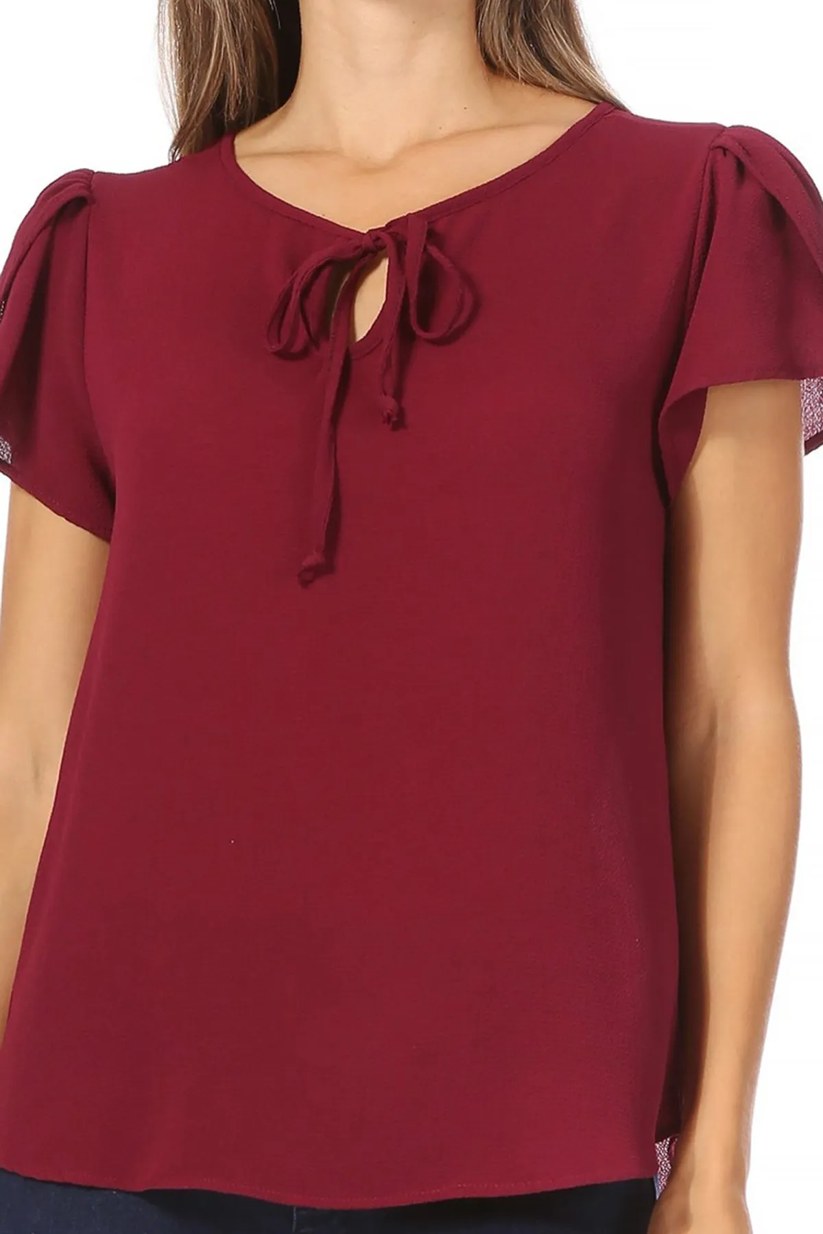 Women's Casual Solid Petal Sleeve Ribbon Tie Round Neck Key Hole Blouse Top