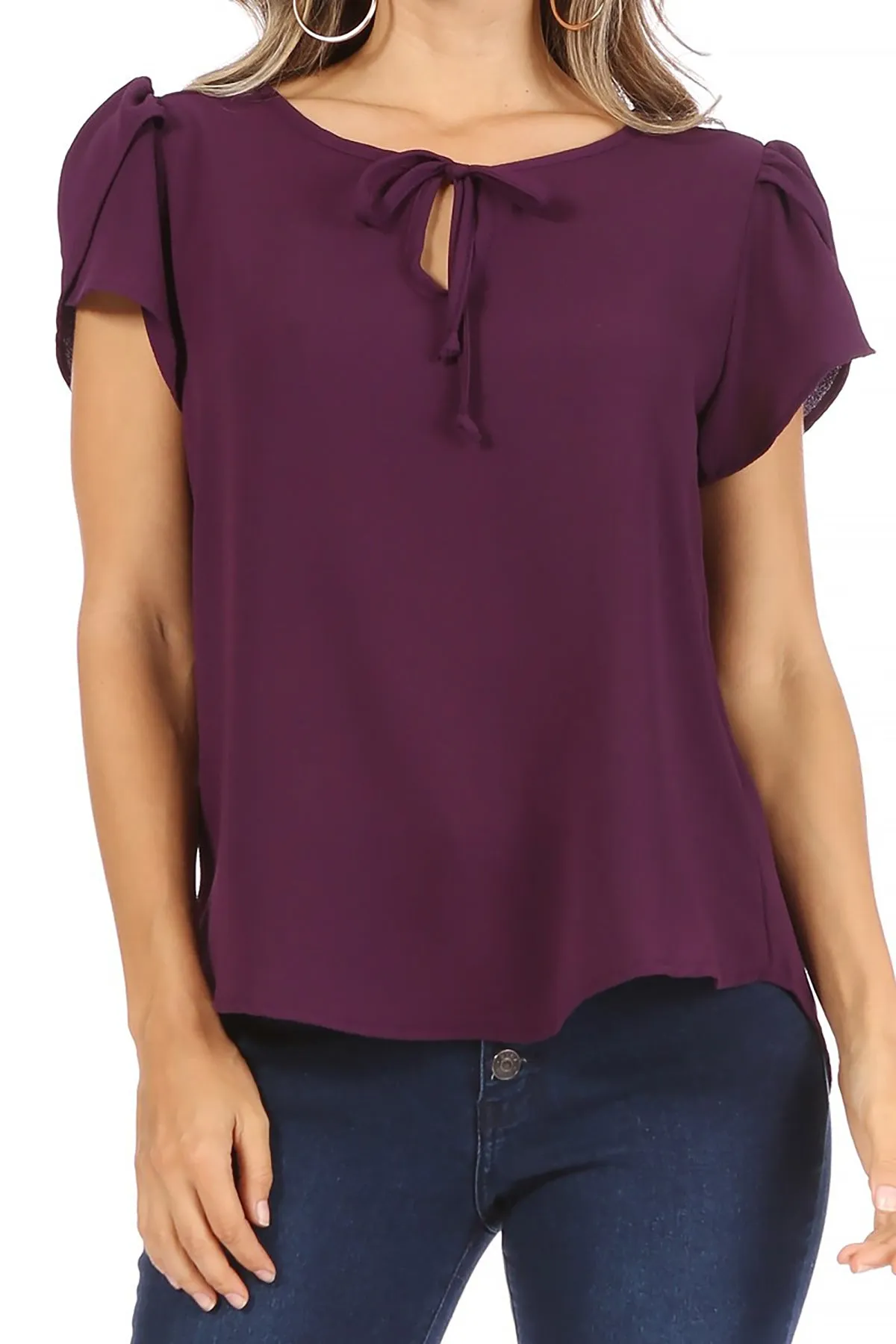 Women's Casual Solid Petal Sleeve Ribbon Tie Round Neck Key Hole Blouse Top