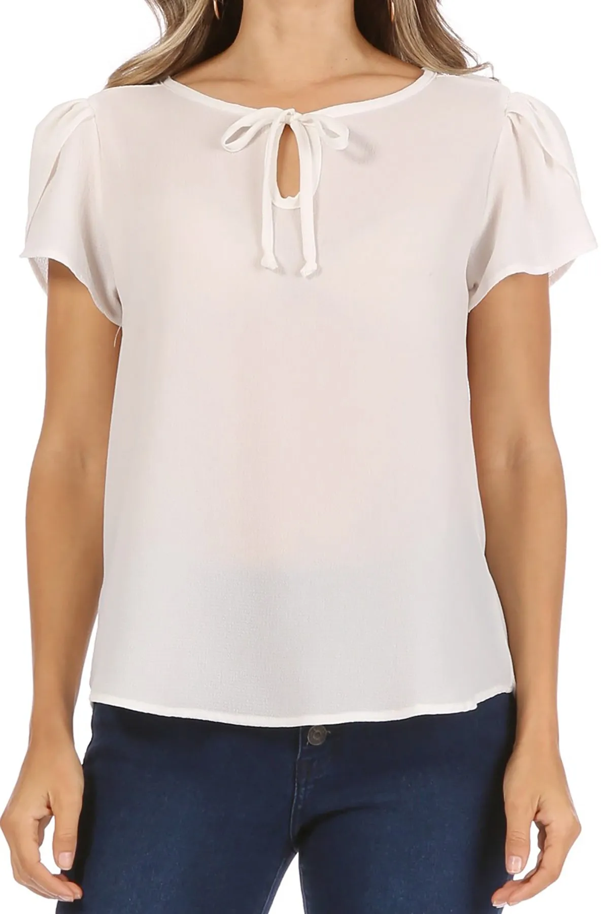 Women's Casual Solid Petal Sleeve Ribbon Tie Round Neck Key Hole Blouse Top