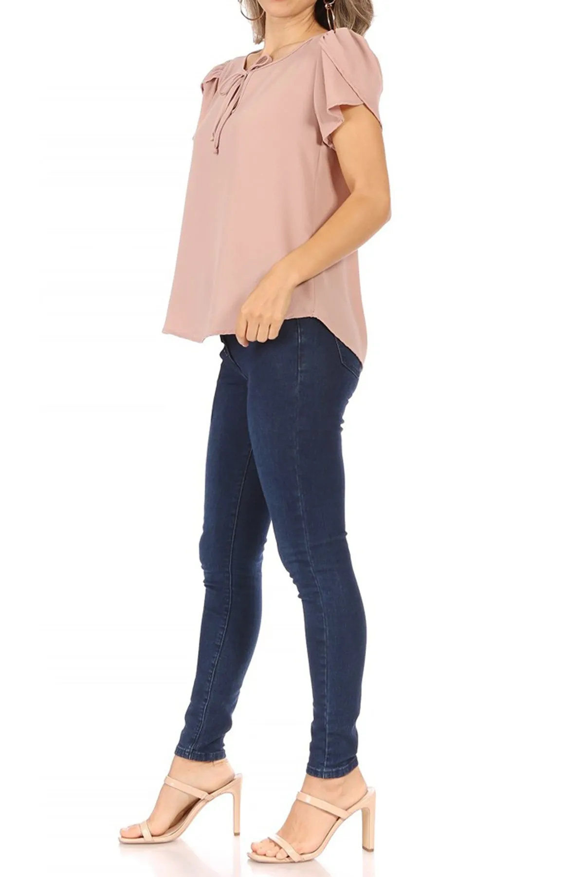 Women's Casual Solid Petal Sleeve Ribbon Tie Round Neck Key Hole Blouse Top