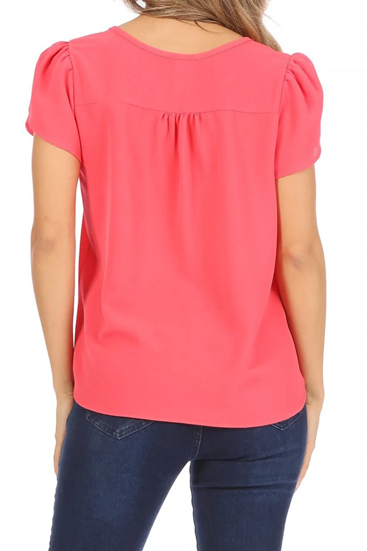 Women's Casual Solid Petal Sleeve Ribbon Tie Round Neck Key Hole Blouse Top