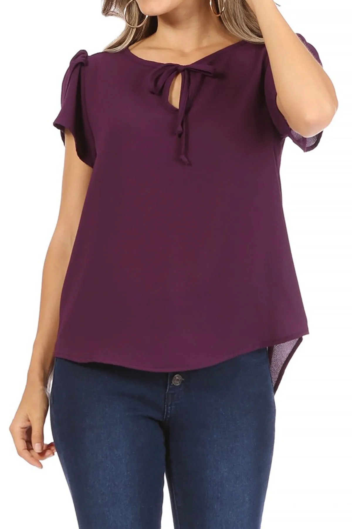 Women's Casual Solid Petal Sleeve Ribbon Tie Round Neck Key Hole Blouse Top