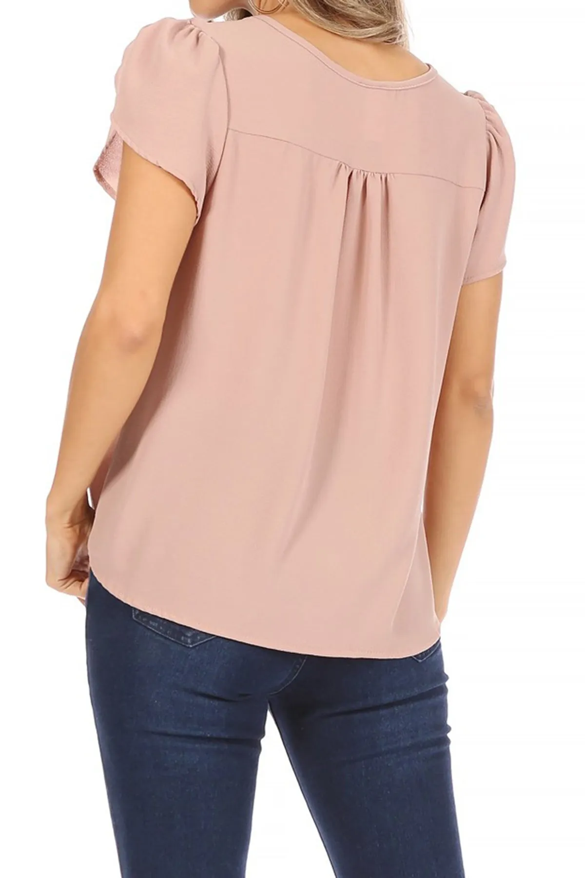 Women's Casual Solid Petal Sleeve Ribbon Tie Round Neck Key Hole Blouse Top