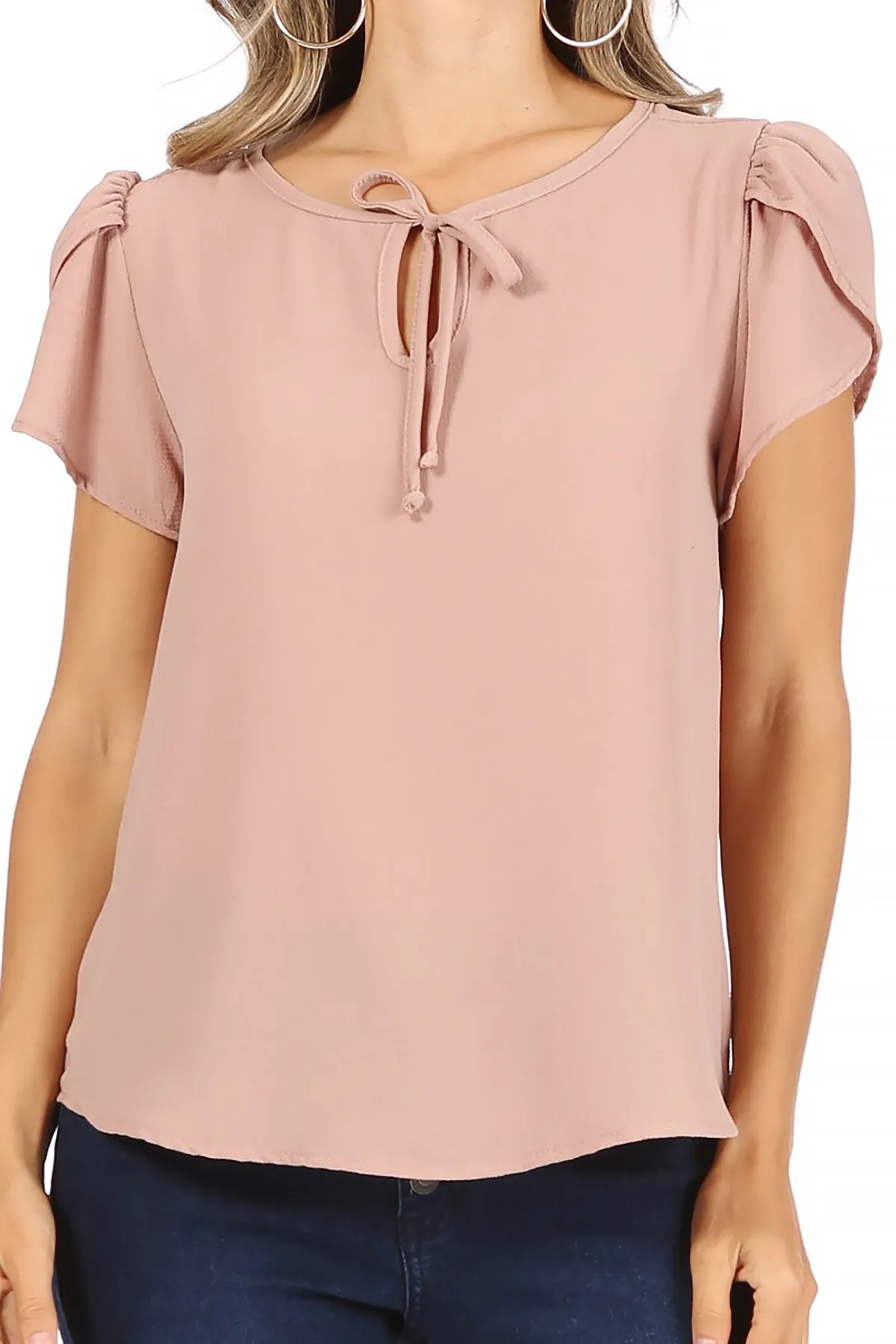 Women's Casual Solid Petal Sleeve Ribbon Tie Round Neck Key Hole Blouse Top