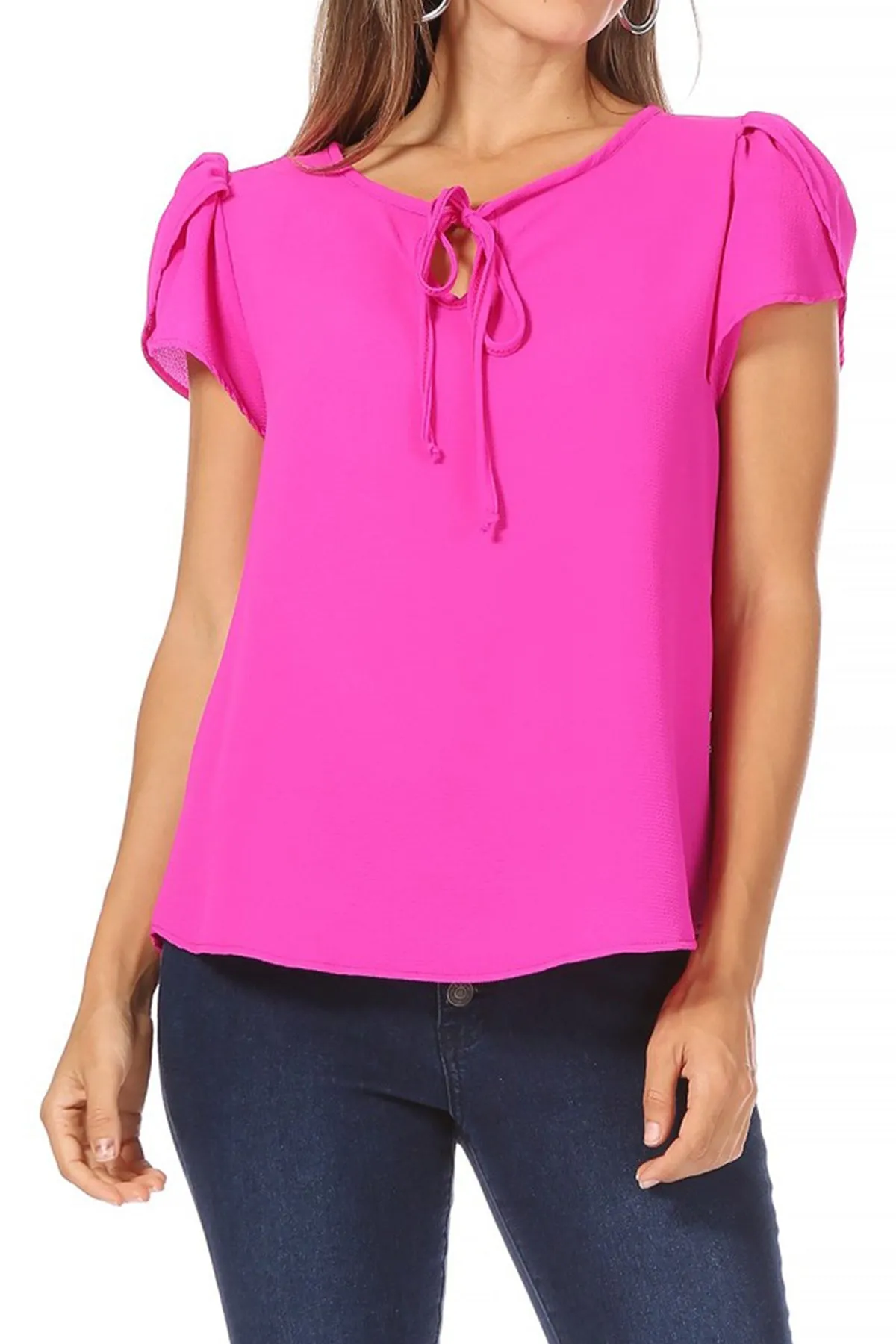 Women's Casual Solid Petal Sleeve Ribbon Tie Round Neck Key Hole Blouse Top