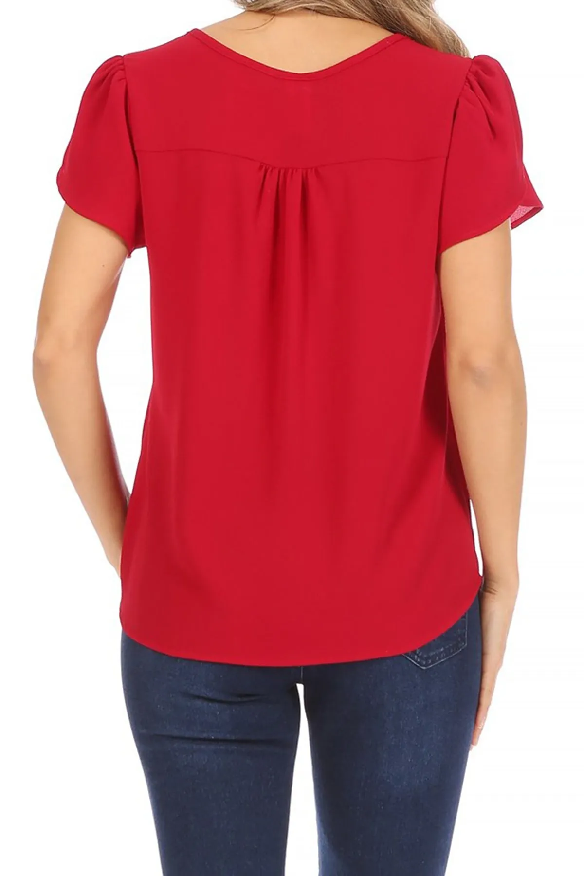 Women's Casual Solid Petal Sleeve Ribbon Tie Round Neck Key Hole Blouse Top