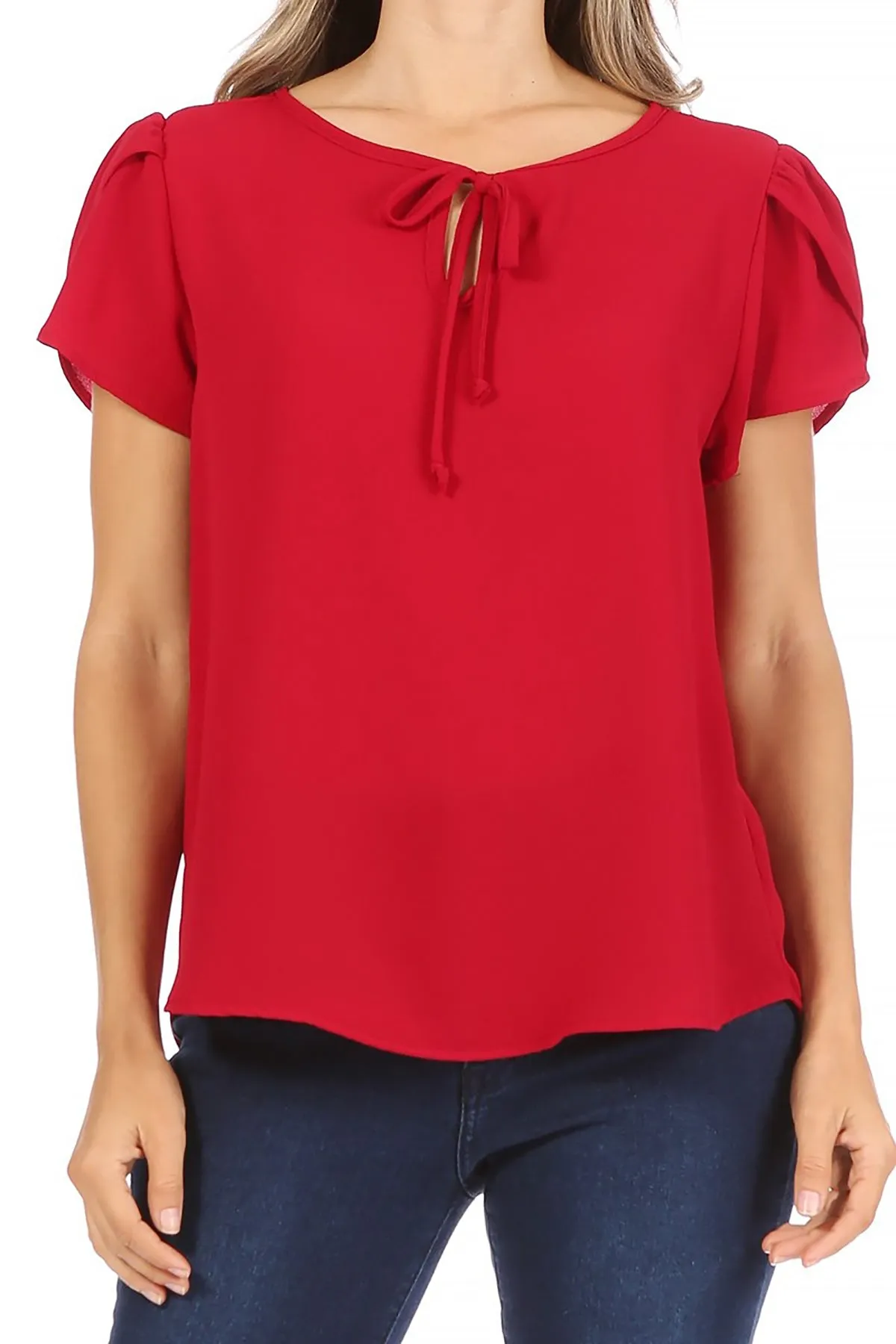 Women's Casual Solid Petal Sleeve Ribbon Tie Round Neck Key Hole Blouse Top