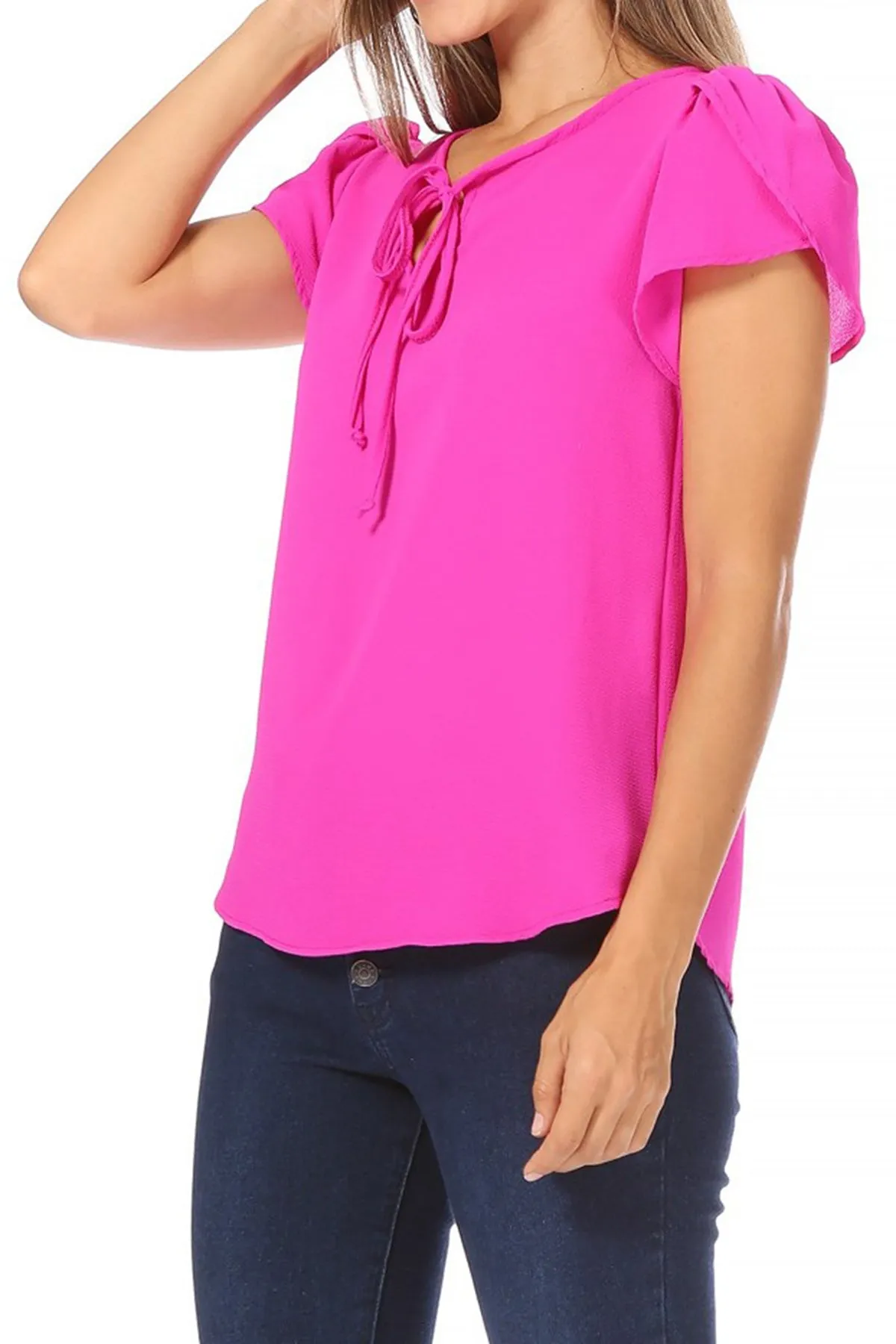 Women's Casual Solid Petal Sleeve Ribbon Tie Round Neck Key Hole Blouse Top