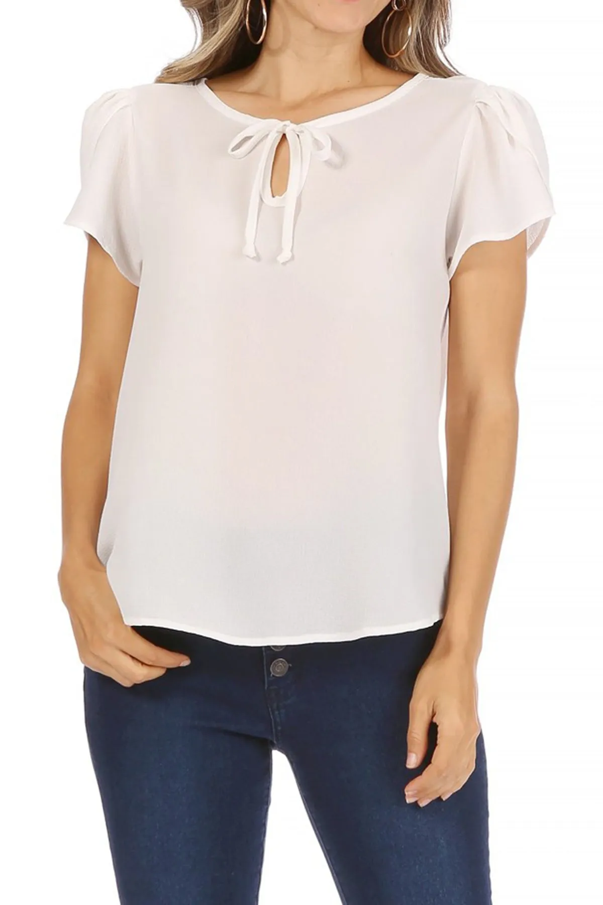Women's Casual Solid Petal Sleeve Ribbon Tie Round Neck Key Hole Blouse Top