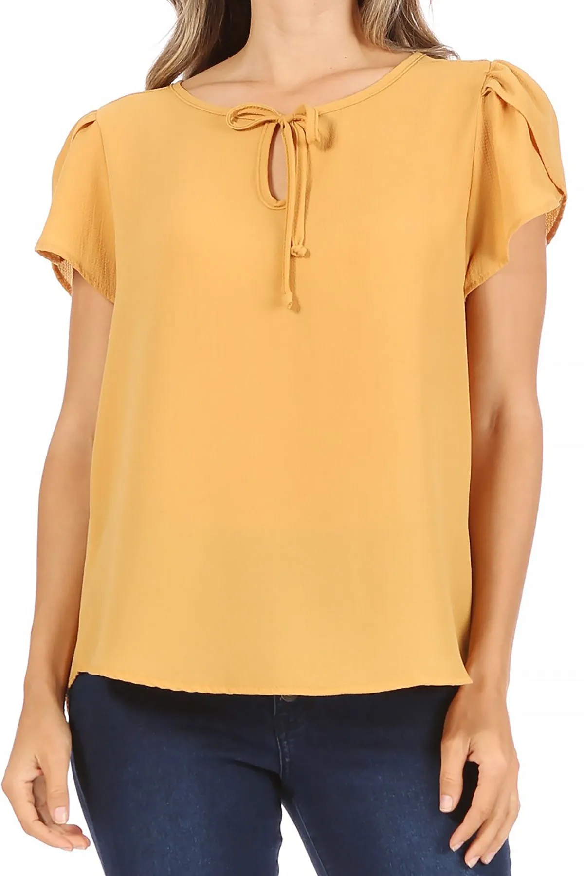 Women's Casual Solid Petal Sleeve Ribbon Tie Round Neck Key Hole Blouse Top