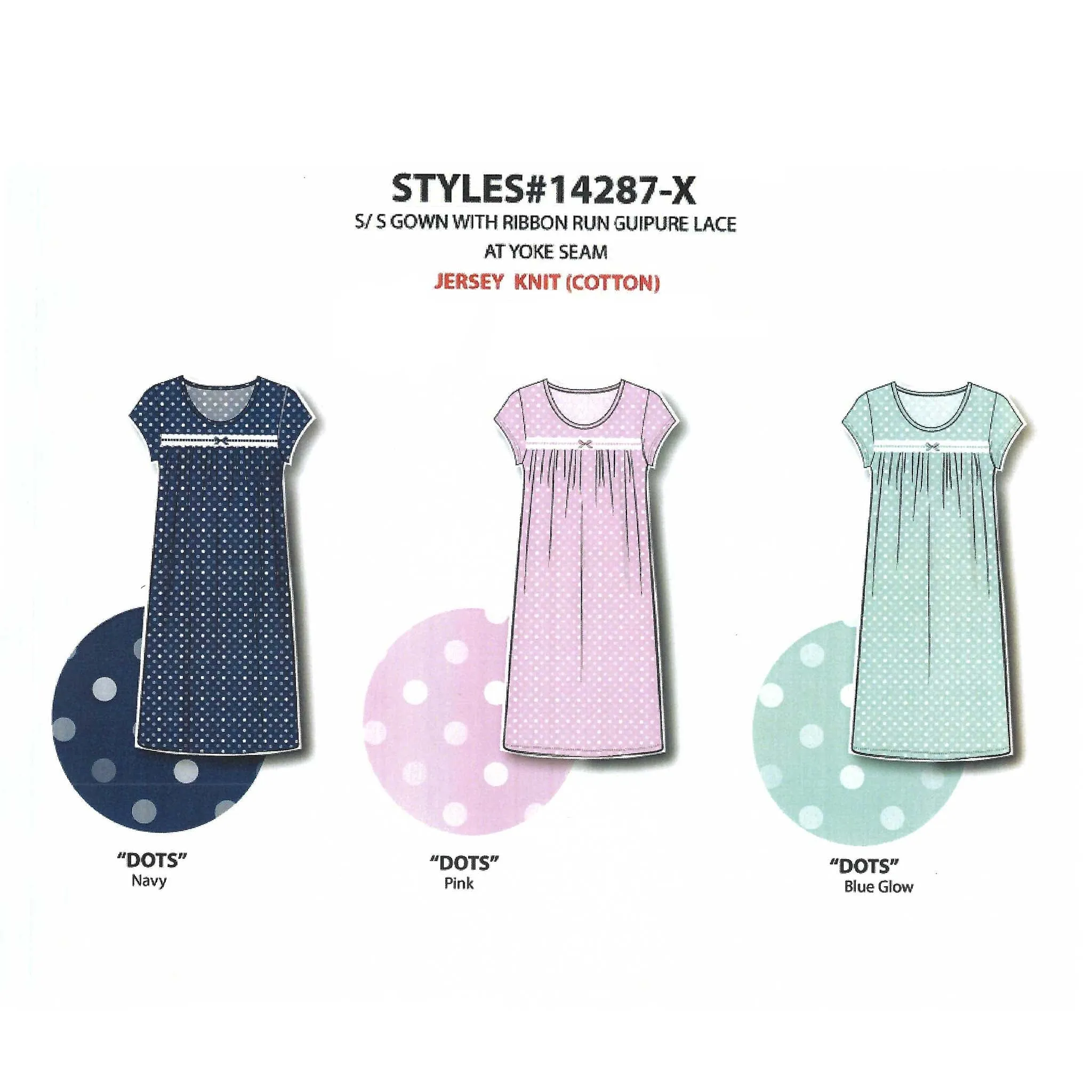 Women's Cotton Jersey Knit Nightgowns with Lace & Bow