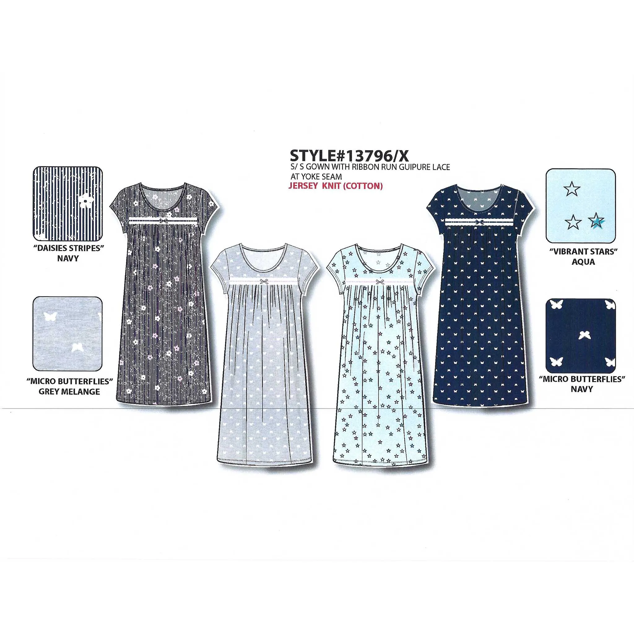 Women's Cotton Jersey Knit Short Sleeve Gown with Lace Ribbon