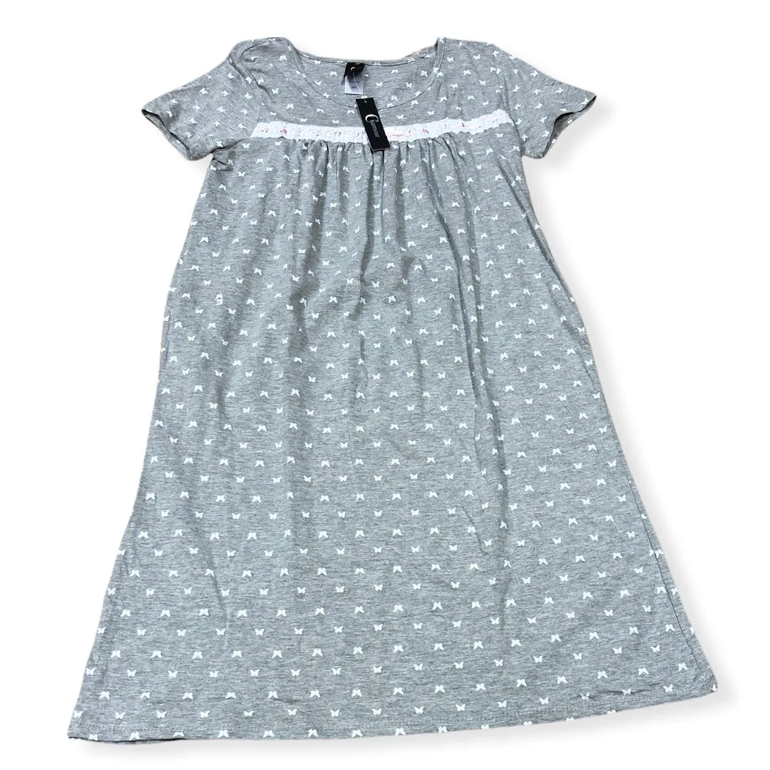 Women's Cotton Jersey Knit Short Sleeve Gown with Lace Ribbon